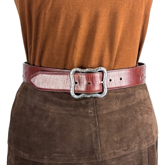 VINTAGE FLORAL ETCHED BUCKLE BROWN TOOLED LEATHER BELT WESTERN BOHO RODEO HIPPIE - Picture 2 of 11